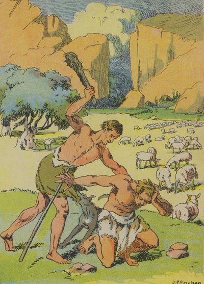 Kain mordujący Abla (kolorowa litografia) autorstwa Joseph Porphyre Pinchon
