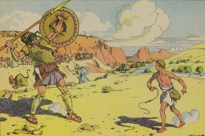 Dawid i Goliat (kolorowa litografia) autorstwa Joseph Porphyre Pinchon