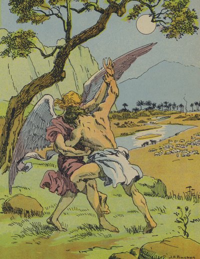 Jakub walczący z aniołem (kolorowa litografia) autorstwa Joseph Porphyre Pinchon