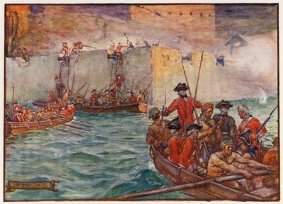 Admirał Edward Vernon prowadzący atak podczas wojny o ucho Jenkinsa (kolorowa litografia) autorstwa Joseph Ratcliffe (after) Skelton