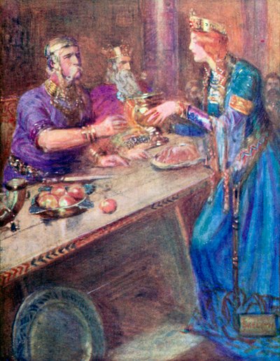 Podawanie każdemu wojownikowi wina ze złotego pucharu (kolorowa litografia) autorstwa Joseph Ratcliffe (after) Skelton