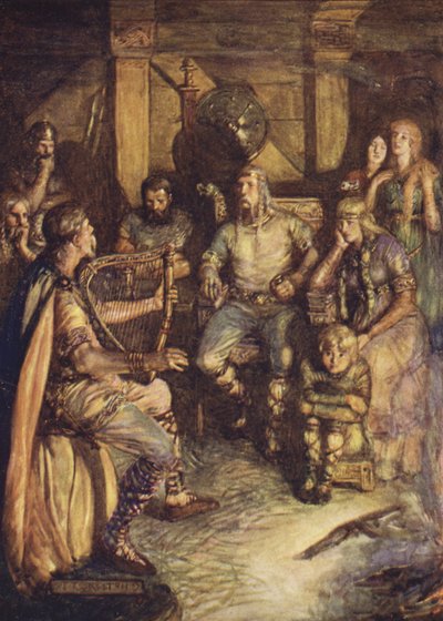Gleeman śpiewa czyny Beowulfa (kolor lito) autorstwa Joseph Ratcliffe (after) Skelton