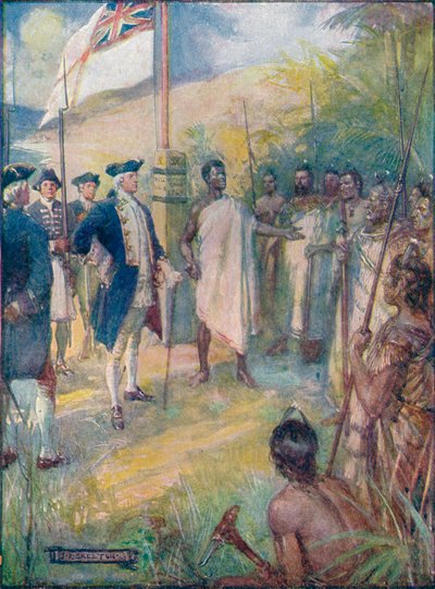 Cook powiedział Maorysom, że przybył, aby pozostawić ślad na ich wyspach, c1908, c1920. autorstwa Joseph Ratcliffe Skelton