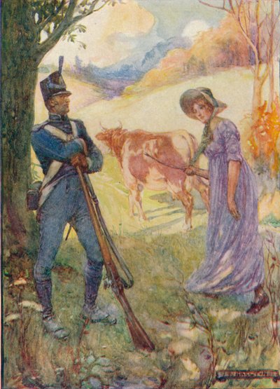 Prowadząc przed sobą krowę, Laura Secord minęła amerykańskich wartowników, ok. 1909, ok. 1920 r. autorstwa Joseph Ratcliffe Skelton