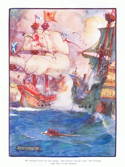 Sir Andrew ze swoimi dwoma statkami Yellow Carvel i Flower pokonał pięć angielskich statków, 1910 autorstwa Joseph Ratcliffe Skelton