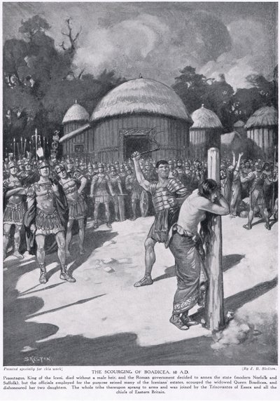 Biczowanie Boadicei, ilustracja z „Historia narodów Hutchinsona”, c.1910 autorstwa Joseph Ratcliffe Skelton