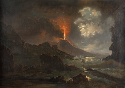 Wezuwiusz wybuchający nocą z widokiem na Scuola di Virgilio autorstwa Joseph Rebell