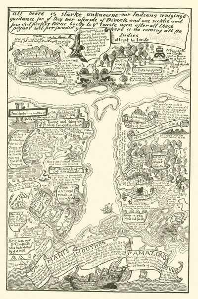 Mapa Mętnej Amazonii w kolorze czerwonym + czarnym (grawerowanie) autorstwa Joseph Rudyard (after) Kipling