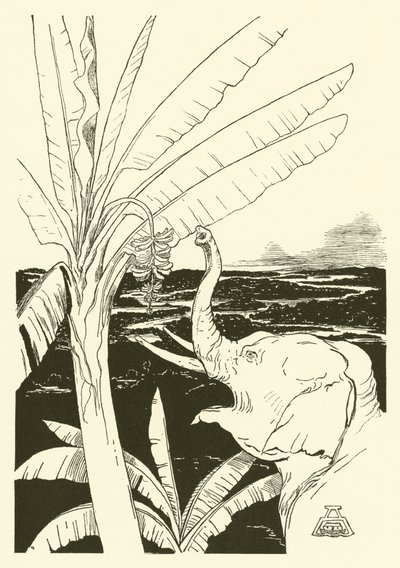 Dziecko słonia ciągnie banany (grawerunek) autorstwa Joseph Rudyard (after) Kipling