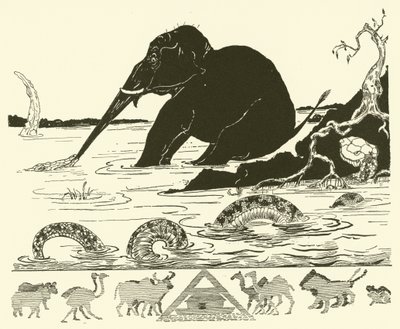 Dziecko słonia, którego krokodyl ciągnie za nos (rycina) autorstwa Joseph Rudyard (after) Kipling
