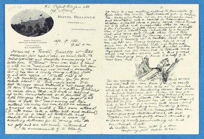 Autograf listu do płk. H. W. Feildena, Hotel Bellvue Cannes, 9 kwietnia autorstwa Joseph Rudyard Kipling