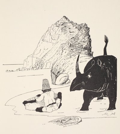 Parsee zaczyna jeść ciasto na bezludnej wyspie, ilustracja z „Takie historie dla małych dzieci” Rudyarda Kiplinga, pub. Londyn, 1951 autorstwa Joseph Rudyard Kipling