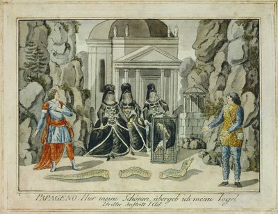 Tamino i Papageno z trzema damami ... (rycina) autorstwa Joseph Schaffer