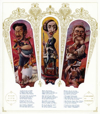 Karykatury: Cesarz Japonii Meiji; Maurice Barres, francuski pisarz i polityk nacjonalistyczny; Jean Jaures, francuski polityk (kolor lito) autorstwa Joseph Sirat