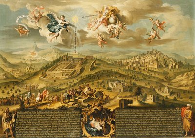 Widok Betlejem z Podróżą Trzech Króli, Trójcą na górze i Narodzenia Pańskiego w malowanym kartuszu na dole, 1752 autorstwa Joseph Stephan