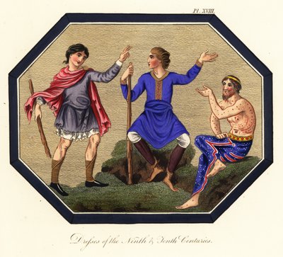 Strój męski anglosaski, IX i X wiek, 1853 (rycina) autorstwa Joseph Strutt