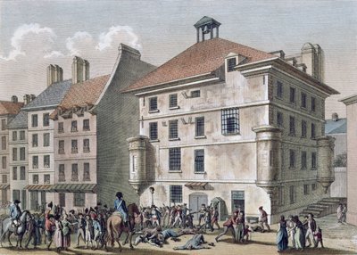 Masakry wrześniowe: Masakra w więzieniu Abbaye w pobliżu St. Germain des Pres, 2-5 września 1792, ryty przez Reiniera Vinkelesa (1741-1816) i Daniela Vrydaga (1765-1822) (kolorowa rycina autorstwa Joseph Swebach Desfontaines