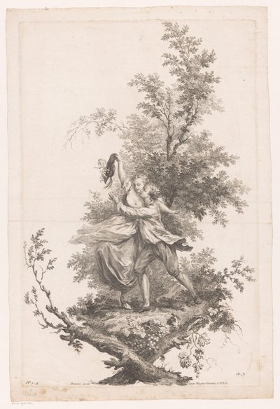 Mężczyzna i kobieta w objęciach w kapeluszu pełnym winogron Jesień Cztery pory roku (tytuł serii) autorstwa Joseph Wagner (possibly)