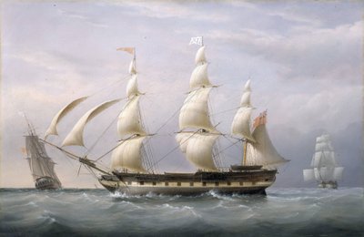 Statek Kompanii Wschodnioindyjskiej "Britannia", widziany z trzech perspektyw, powrócił z Barbadosu. Olej na płótnie autorstwa Joseph Walter
