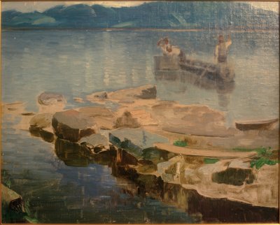 Skalny język w Eibsee z rybakami autorstwa Joseph Wopfner