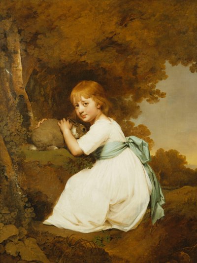 Portret panny Bentley, siedzącej na całej długości, w białej sukni, trzymającej królika w krajobrazie, ok. 1781 autorstwa Joseph Wright of Derby