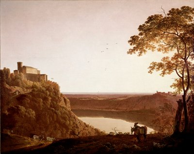 Widok na jezioro Nemi o zmierzchu Malarstwo Josepha Wrighta dit Wrighta z Derby (1734-1797) autorstwa Joseph Wright of Derby