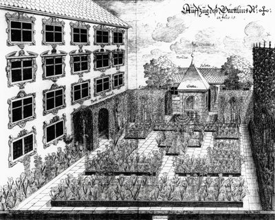 Projekt ogrodu Furttenbacha w Ulm, z Architectura Privata, sztychowany przez Jonasa Arnolda (1600-69), opublikowany 1641 autorstwa Joseph after Furttenbach
