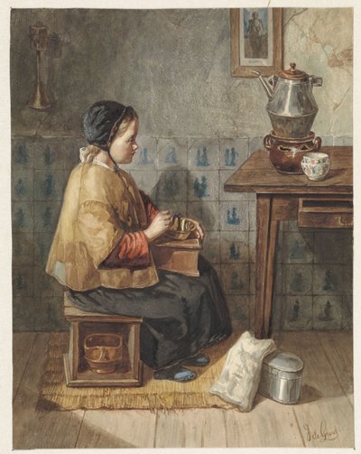 Dziewczyna siedzi na kuchence autorstwa Joseph de Groot