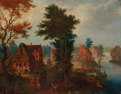 Krajobraz rzeki z łodziami i powozami przy wiosce autorstwa Joseph van Bredael