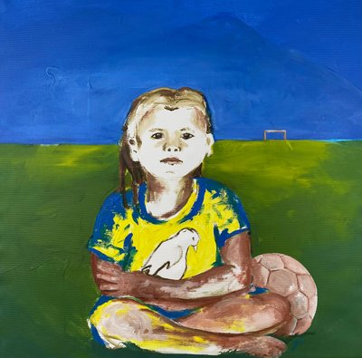 Mädchen mit Taube (Dziewczyna z gołębiem), 2022 (farba akrylowa na płótnie) autorstwa Josephine Henning