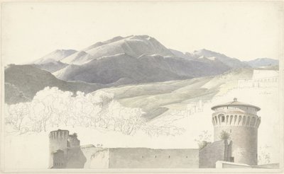 Krajobraz w Subiaco i budynek w Rzymie autorstwa Josephus Augustus Knip