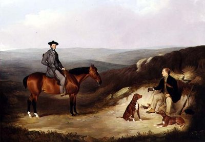 John Kerr Watson dosiadany na strzelającym kucyku ze swoim opiekunem na wrzosowiskach Yorkshire (olej na płótnie) autorstwa Joshua Dalby