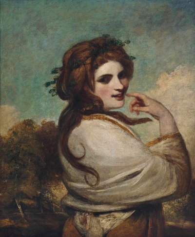 Portret Emmy, Lady Hamilton, jako Bachantka, do połowy długości, w żółtej sukience i białym szalu, w pejzażu autorstwa Joshua Reynolds