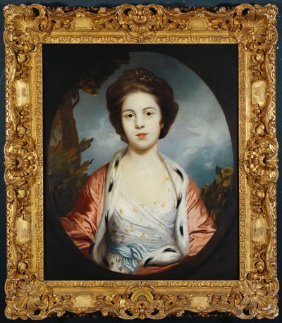 Portret Estery, Lady Wray, ubrana w białą sukienkę, złocisto-różowy płaszcz podszyty gronostajami, krajobraz za nią autorstwa Joshua Reynolds