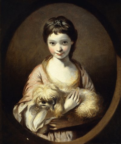 Portret panny Emilii Vansittart, pół długości, w różowo-białej sukience trzymającej psa, c.1767-68 autorstwa Joshua Reynolds