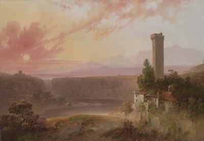 Widok na jezioro Nemi o zachodzie słońca, ok. 1840-50 autorstwa Joshua H. Shaw