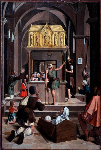 Życie św. Sebastiana: pielgrzymi na grobie św. Sebastiana - olej na drewnie autorstwa Josse (fl.1493 1508) Lieferinxe