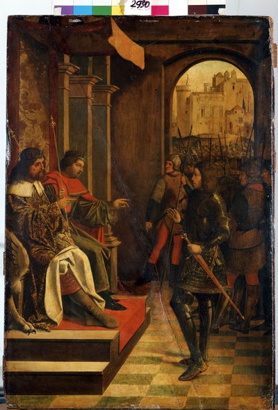 „„Święty Sebastien przed cesarzem Dioklecjanem i Maksymijanem”” (św Sebastien przed cesarzami Dioklecjanem i Maksymianem). Cesarze rzymscy Dioklecjan (Gaius Aurelius Valerius Diocletianus, 245-316) i Maksymian Herkules (Marcus Aurelius Valerius Maxim autorstwa Josse (fl.1493 1508) Lieferinxe
