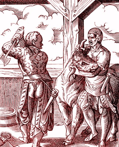 Rzeźnik - Jedzenie i gotowanie w średniowieczu. Rycina Josta Ammana (1539-1591). Grawerowanie 1878 autorstwa Jost (after) Amman