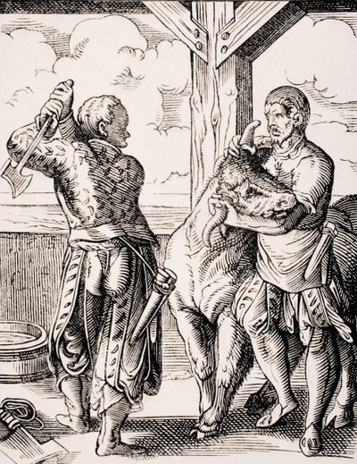 Rzeźnik i jego asystent, reprodukcja XVI-wiecznej ryciny autorstwa Josta Ammana (1539-91) z „Le Moyen Age et La Renaissance” Paula Lacroix (1806-84), opublikowana w 1847 r. (litho) autorstwa Jost (after) Amman