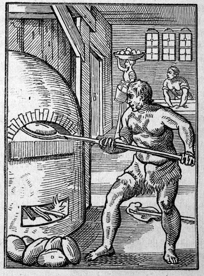 Piekarz wypiekający chleb w piecu. Grawer Josta Ammana (1539-1591) XVI wiek. autorstwa Jost Amman