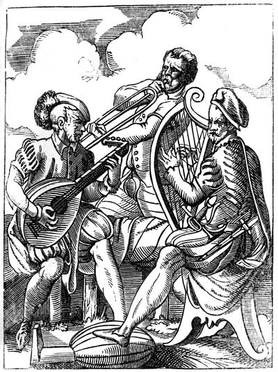 Gitarzysta, lutnista i puzonista, XVI w. 1849 r. autorstwa Jost Amman