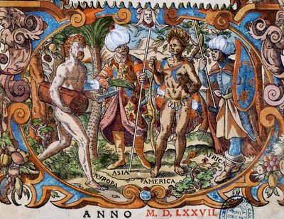 Cztery kontynenty, fragment ze strony tytułowej, rycina Josta Ammana (1539-1591) autorstwa Jost Amman
