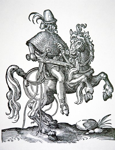 Koń żołnierz z pistoletem z blokadą kół, ilustracja z „Kunstbuchlin” autorstwa Jost Amman