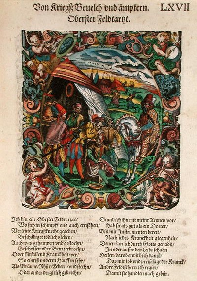 Chirurgia wojskowa, z „Księgi wojennej III część Schantzen i fortyfikacje” Leonhardta Fronspergera (ok. 1520-75) 1573 (kolorowy drzeworyt) autorstwa Jost Amman