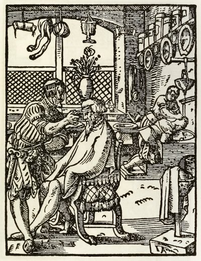 Fryzjerzy z serii przedstawiającej zawody i zawody opublikowane po raz pierwszy w Das Ständebuch 1568 we Frankfurcie w Niemczech autorstwa Jost Amman