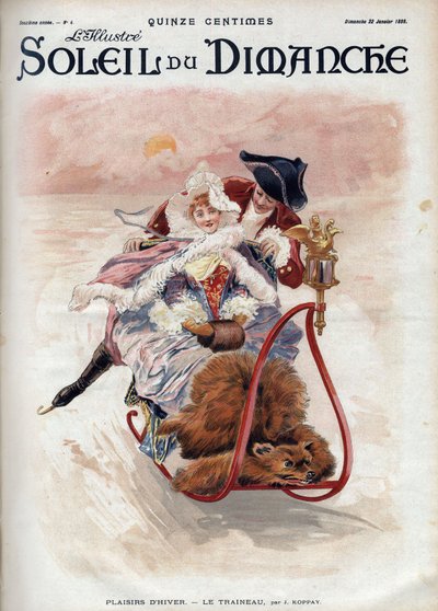 Zimowa zabawa: sanie. Elegancka para na sankach i łyżwach ślizga się po śniegu. Według J. Koppay. Grawerowanie w „”Le sun-du-dimanche””, 22 stycznia autorstwa Joszi Arpad Koppay