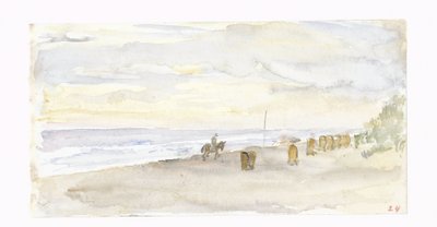 Widok plaży z jeźdźcem i krzesłami plażowymi autorstwa Jozef Israëls