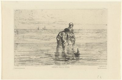 Dzieci bawiące się łódką na plaży Enfants sur la plage (tytuł na obiekcie) autorstwa Jozef Israëls