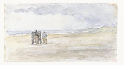Mężczyzna z koniem i powozem na plaży autorstwa Jozef Israëls